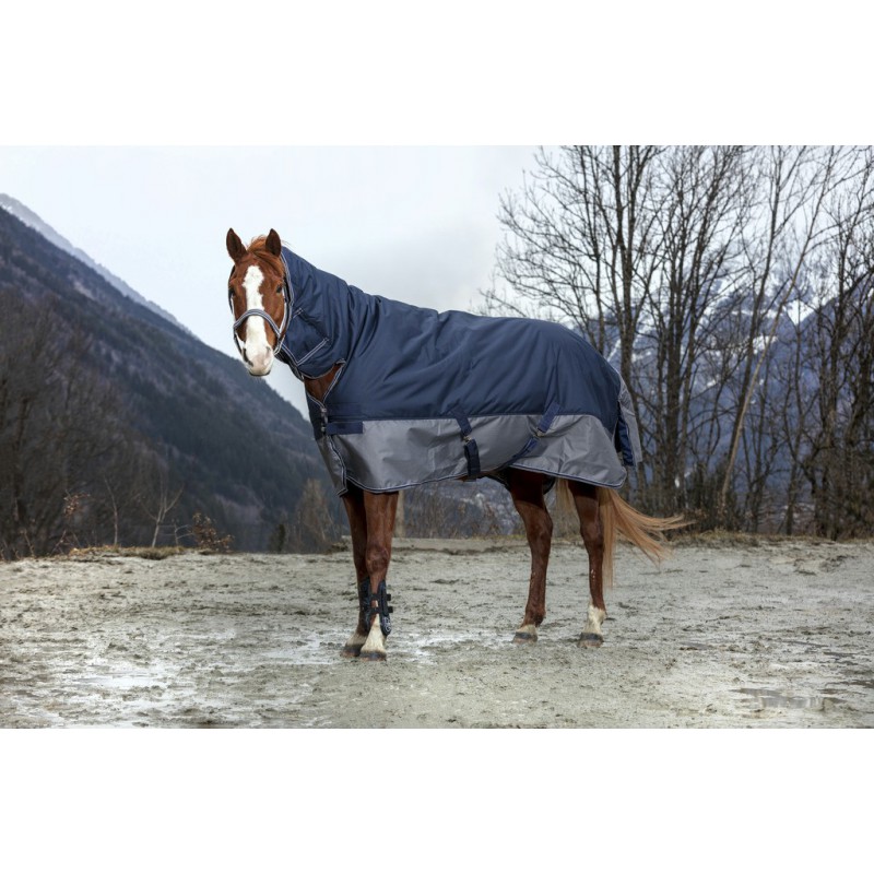 EQUITHÈME "TYREX 600D" Combo Decke, 350g Füllung, mit Halsteil, marineblau/grau, Weidedecke